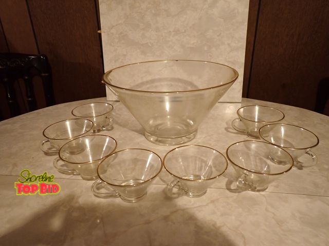 Lot 59-43112 - , No Chips or Cracks Mid-Century Punch Bowl with 8 Glasses featuring Gold Rimmed