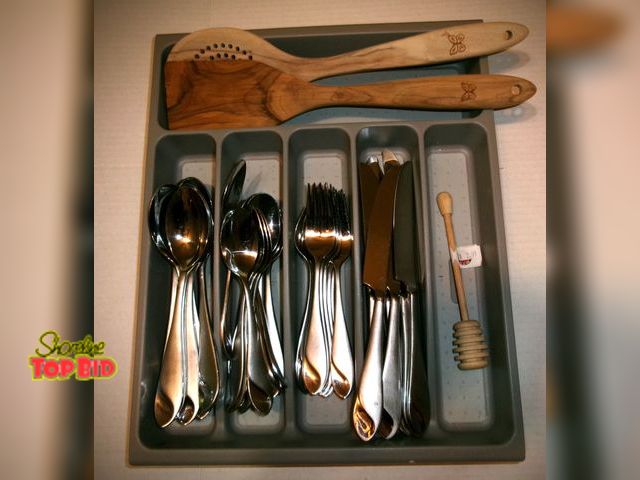 Lot 59-74469 - Cambridge Satin Finish Flatware Lot with 2 Pioneer Women wooden utensils.  10 Knives, 10 Forks, 12 T...