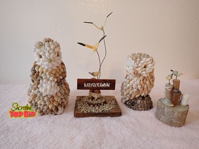 Lot 59-43313 - Vintage Handcrafted Folk Art Owl and Squirrel Figurine Encrusted with Assorted Seashells, Vintage Ki...