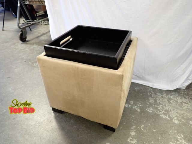 Lot 59-20145 - Faux-Leather Square Storage Ottoman with a Convenient Black Serving Tray Top, Removable