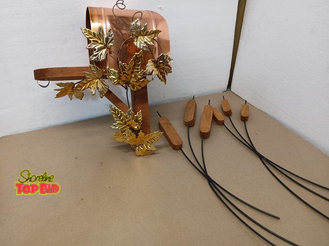 Lot 59-71029 - Vintage Wall Pocket Copper Wood Cattails Brass Leaves Hanging Decor