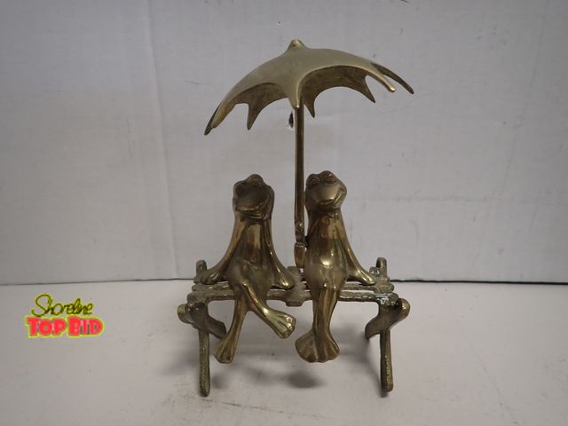 Lot 59-14121 - Vintage Brass Sculpture featuring Two Frogs Sitting on a Bench Under an Umbrella "Mr. &amp; Mrs. Fro...