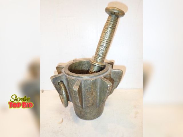 Lot 59-14588 - Very Antique Solid Bronze Super Heavy Mortar and Pestle from A.I. Search dates from 13th to 18th cen...
