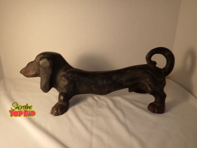 Lot 59-20179 - Rare Antique 16" Long Cast Iron Dachsund Doorstop, Looped Curled Tail for Owners to Lift withour Ben...