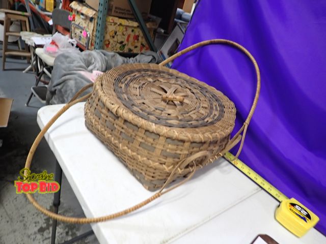 Lot 59-41500 - CA.1900 antique sewing wicker basket with handles and lid 16" diameter X 7" Tall