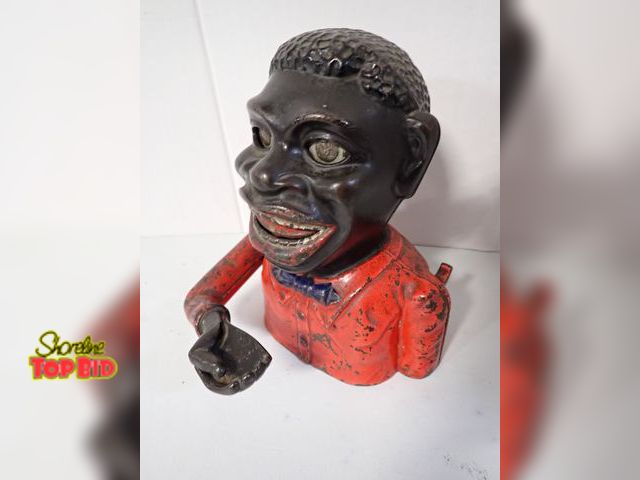 Lot 59-10354 - Antique Cast Iron Jolly Black Americana Mechanical Coin Bank - Working, Original