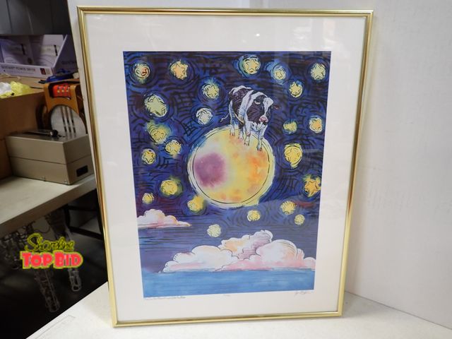 Lot 59-43517 - Framed Signed Print 80/750 Whimsical Scene The Cow that almost Jumped Over the Moon 20" x 16"