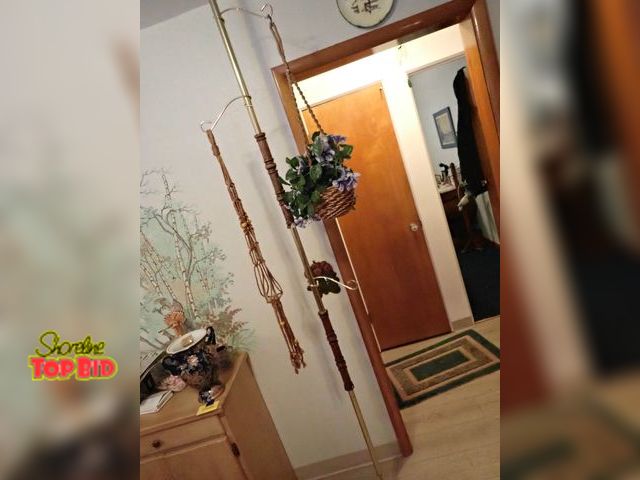 Lot 59-43348 - Mid-Century Tension Pole Plant Hanger with 2 Weaved Pot Holders