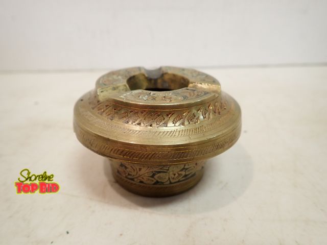 Lot 59-14377 - Vintage Solid Brass Ashtray, Hand Crafted in India with Intricate Floral or Geometric Designs, 2" ta...