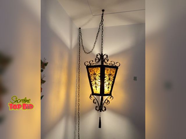 Lot 59-43090 - Mid-Century Swag Lamp, Spanish Gothic Stained Glass - Gothic Church - Spanish Revival Baroque Wrough...