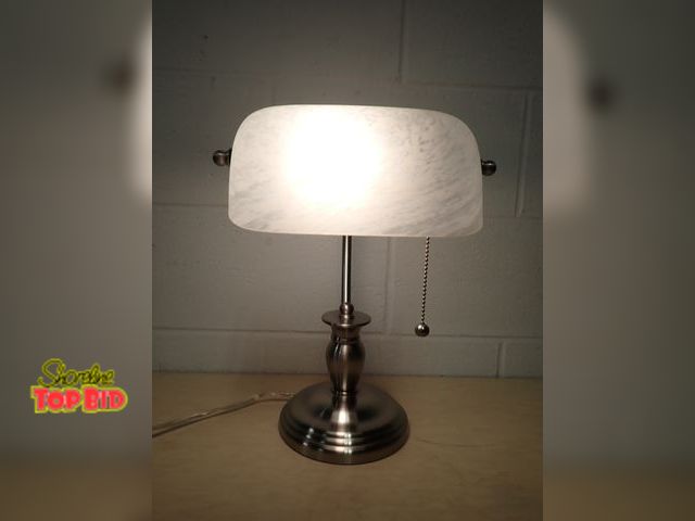 Lot 59-33194 - Banker's Style Desk Lamp, Brushed Nickel, White Frosted Glass Shade