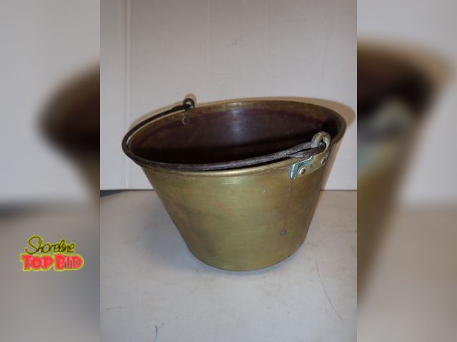Lot 59-14668 - 1860s Antique Brass Apple Butter/Jelly Pot with Iron Bail by H.W. Hardens the Ansonia Brass Co. 8" d...
