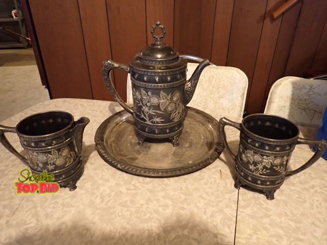 Lot 59-43152 - Antique Victorian Aurora SPMFG Warranted Triple Silver-Plate Tea, Creamer &amp; Sugar Set with Plate...