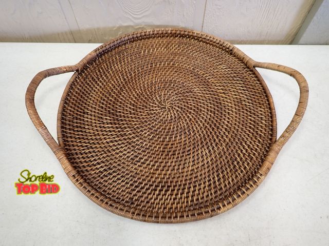 Lot 59-33452 - Pampered Chef Woven Selections Rattan Serving Tray with Double Handles 17" Diameter, Wood Bottom
