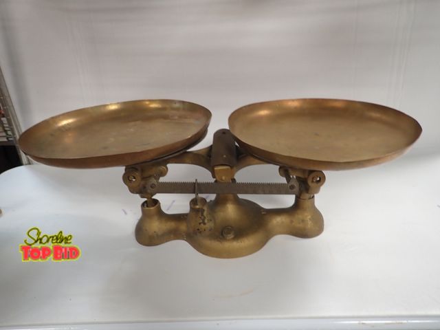 Lot 59-14198 - Mid 1800s to Early 1900s Antique Brass Postal Scale with 2 Copper 11" dia Trays, No. 2