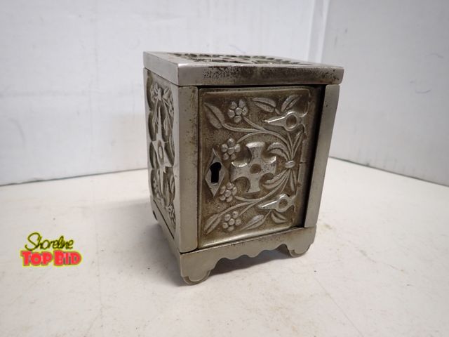 Lot 59-14214 - Ca. 1897, Original Cast Iron Nickel plated Key Lock Safe Still Bank, by J &amp; E Stevens Co.   4 1/...