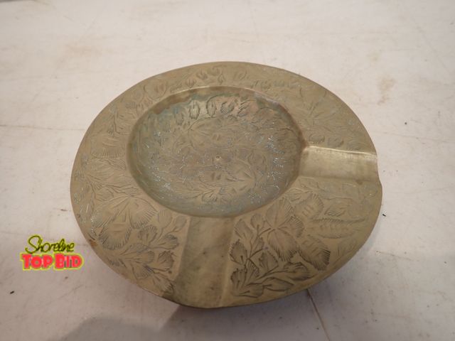 Lot 59-14378 - Vintage Brass Ashtray, features Hand Etched Floral Leaf Patterns, includes Two Cigarette Rest Along ...