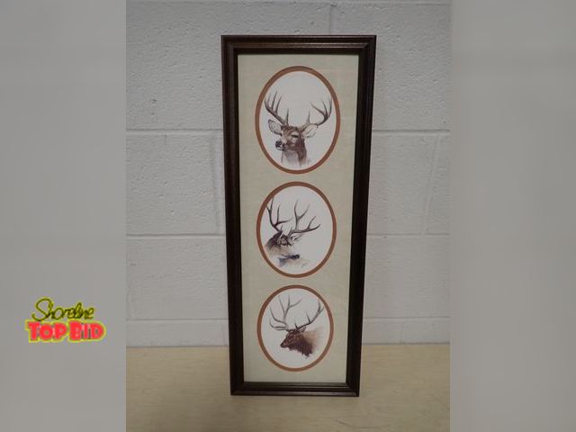 Lot 59-33179 - Framed and Matted Print "Woodland Monarch" by Ralph J McDonald, three oval images of deer 25" x 10"