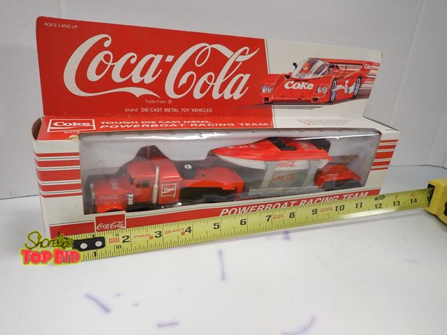 Lot 59-96008 - Vintage Diecast Coca-Cola Power Boat Racing Team Tractor, Trailer &amp; Boat, Original Box