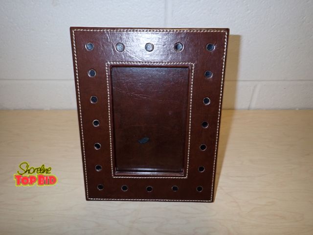 Lot 59-13064 - Leather Picture Frame - Chocolate Brown with Black Leather Dots and Cream Colored Top Stitching. The...