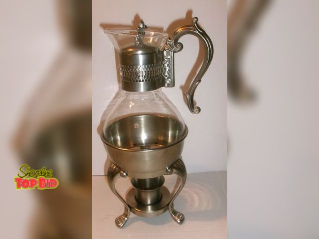 Lot 59-74488 - FB Rogers Pewterlite Coffee Carafe Pot w/ Candle Warmer Base Glass Tea Vintage - never used