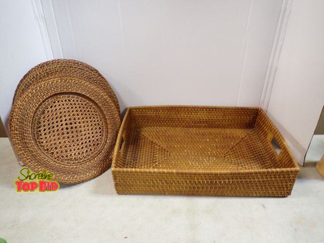 Lot 59-41790 - Let's get ready for the patio party large rattan square hosting tray with handles for easy carrying ...