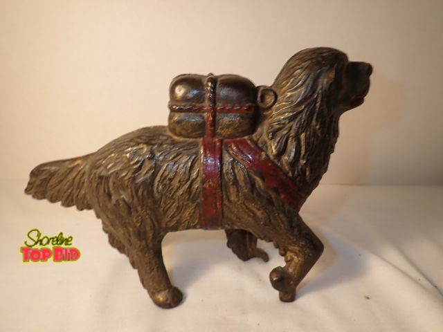 Lot 59-20056 - Antique Cast Iron "St. Bernard with Pack" Still Bank by A.C. Williams circa 1905 to 1912. 5 1/2" tal...