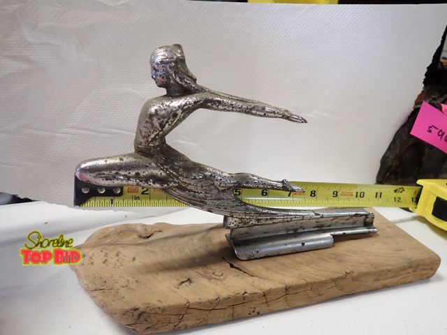 Lot 59-50167 - Rare Chrome Plated Goddess Hood Ornament Mounted on Driftwood 9" long, Art Deco, Original