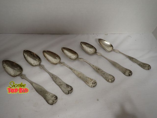 Lot 59-21175 - E. Newbury Pure Coin Silver 6 pc Spoon Set, w Signed Handles J. Manley. 99.46 grams total weight sol...