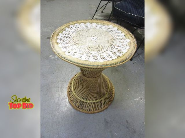 Lot 59-10063 - Wicker Rattan End Table with Glass Top and Doily