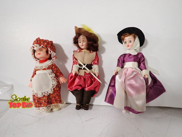 Lot 59-43112 - 3 Vintage Hard Plastic Dolls - 1 Three Musketeer with Pink Cape 8" tall