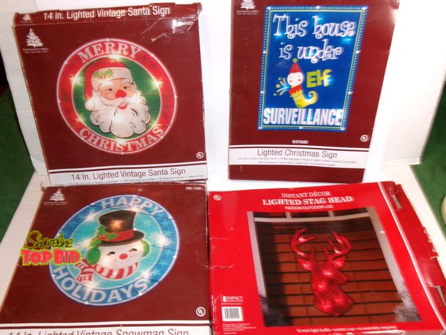 Lot 59-74592 - 4 Vintage stye Lighted LARGE Christmas Decor 14" Signs. Fully functional.