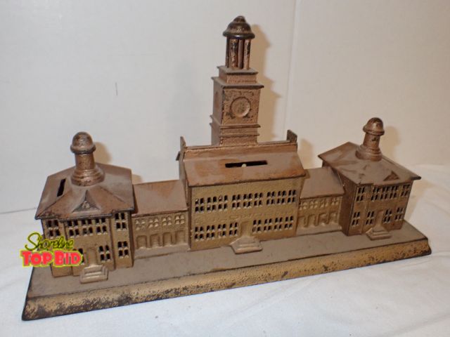 Lot 59-10178 - Ca. 1875, Original Cast Iron Independence Hall "3-in-1" Still Bank 7" tall x 11 1/4" width x 3" dept...
