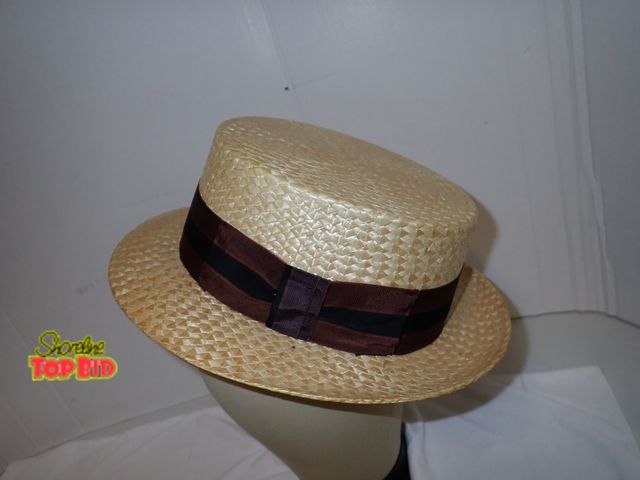 Lot 59-10183 - Vintage Dobbs Stiff Straw Boaters Hat with Brown &amp; Black Band, Florence Italy, Inside Hole 7 3/4...