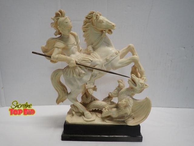 Lot 59-10238 - Beautiful Knight on Horse Slaying a Dragon Resin Figurine 11" tall