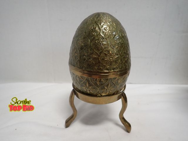 Lot 59-14088 - Vintage Brass Egg Trinket Dish Box on Stand, Textured Starburst Design 6 1/2" tall on stand