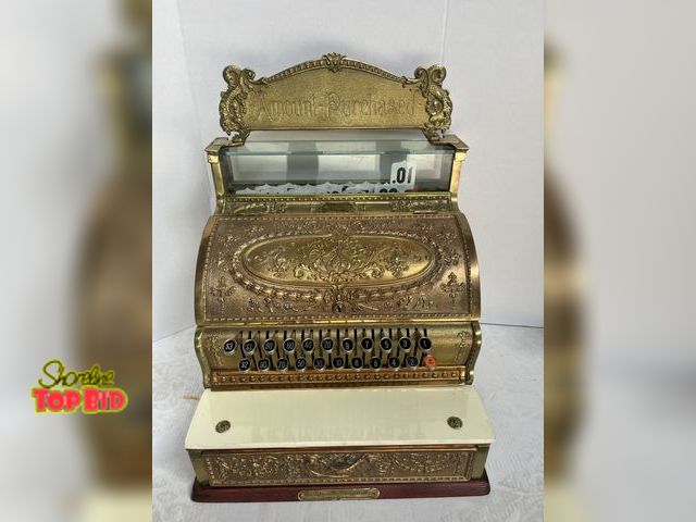 Lot 59-10062 - Ca. 1900s National Brass Cash Register No. 332 S204872M, Beautiful &amp; Working. Estimated value $3...