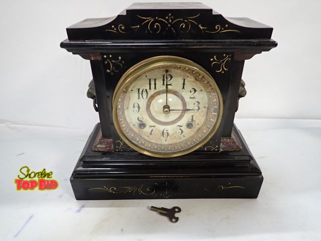 Lot 59-14489 - Antique Victorian Era 1880-1910 Ansonia Mantle Clock with Key, New York, 11" x 11 1/2" x 5" depth, W...