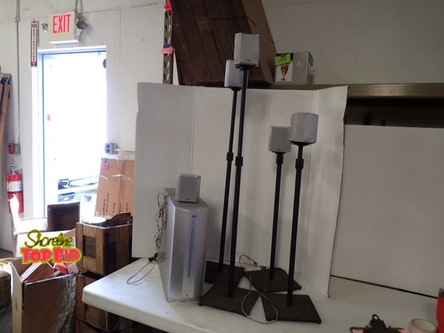 Lot 59-51054 - JVC SP-PWC20 Silver Home Theater Powered by Subwoofer 4 Speakers with Adjustable Stands