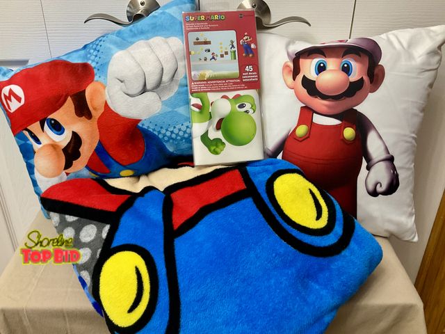 Lot 59-83043 - Super Mario lot- two pillows- extra large throw and wall decals.  Excellent condition!