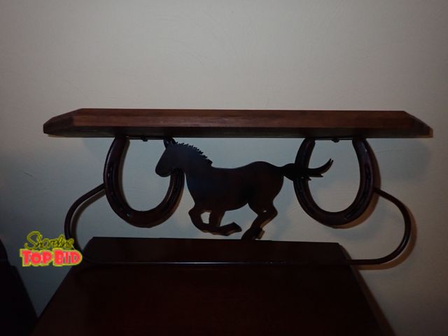 Lot 59-43237 - Vintage Wooden Shelf with Metal Horse &amp; Horse Shoes Towel Rack - about 18" long