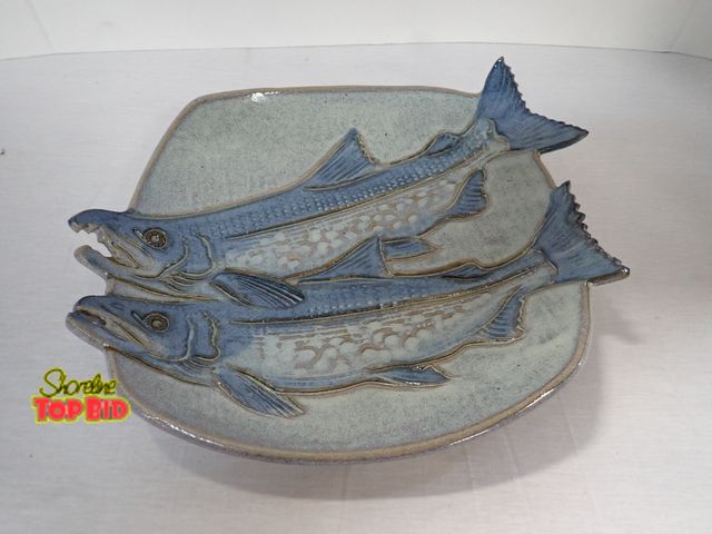 Lot 59-24184 - Vintage Blue Spruce Pottery Trout Fish Display Platter - Very Nice - Excellent Condition - 13 1/2" x...