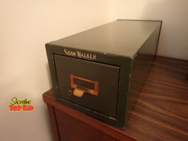 Lot 59-43238 - Vintage Shaw-Walker Metal Index Card File Cabinet, Olive Color, Single Drawer