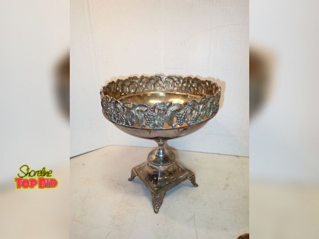 Lot 59-14566 - Antique Pierced Grapevine Pedestal Bowl Silver Plate Brass, Handmade with Square Base, Tiered, 4 Scr...