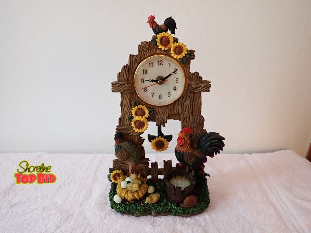 Lot 59-43316 - Rustic Country Rooster and Hen Chicken Family Table Clock Figurine