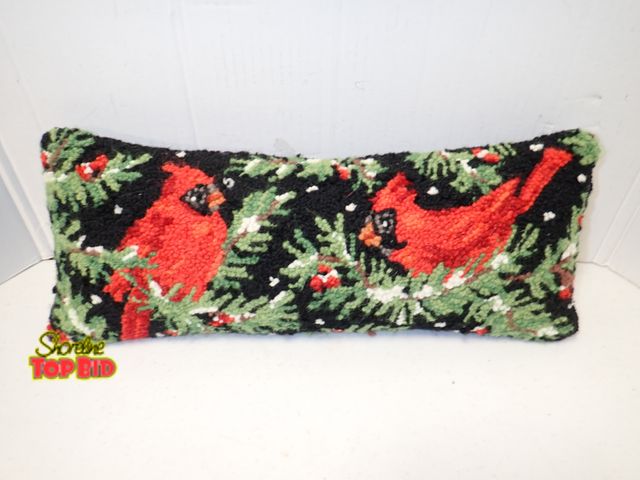 Lot 59-21542 - Hand-Hooked Wool Lumber Accent Pillow, Red Cardinals and Winter Holly