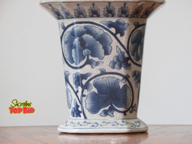 Lot 59-10108 - 7 1/2"T artfully colored blue and off white square planter/urn.  The design is floral themed, repeat...