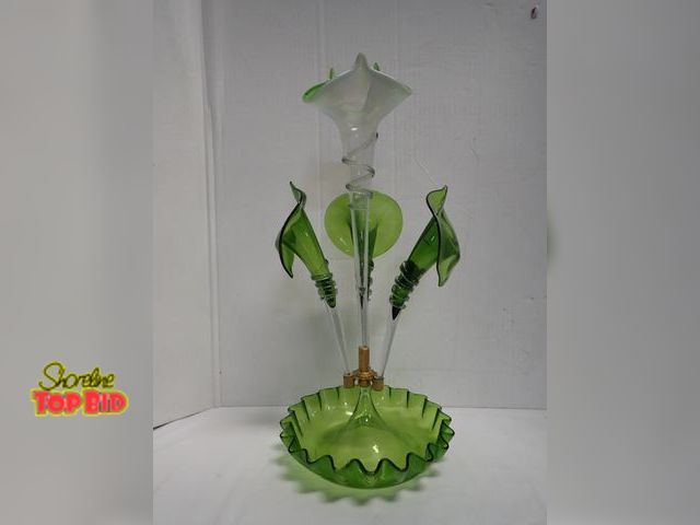 Lot 59-14038 - Antique Victorian Era Epergne, Ruffled Bowl, Tall Flute is Clear Glass and Opalescent Elements, Appl...