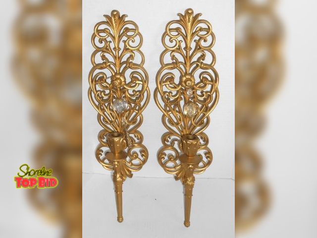 Lot 59-74305 - 70s Vintage Burwood Gilt Candle Holders Regency Wall Sconce Pair MCM Hollywood = each measure 22" lo...