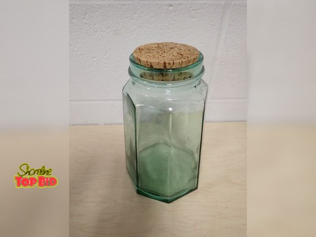 Lot 59-13061 - Spanish Green Glass Octagon Shaped Jar with Cork Lid. Measures 9 1/4" high x 3 1/2" wide at top x 5 ...